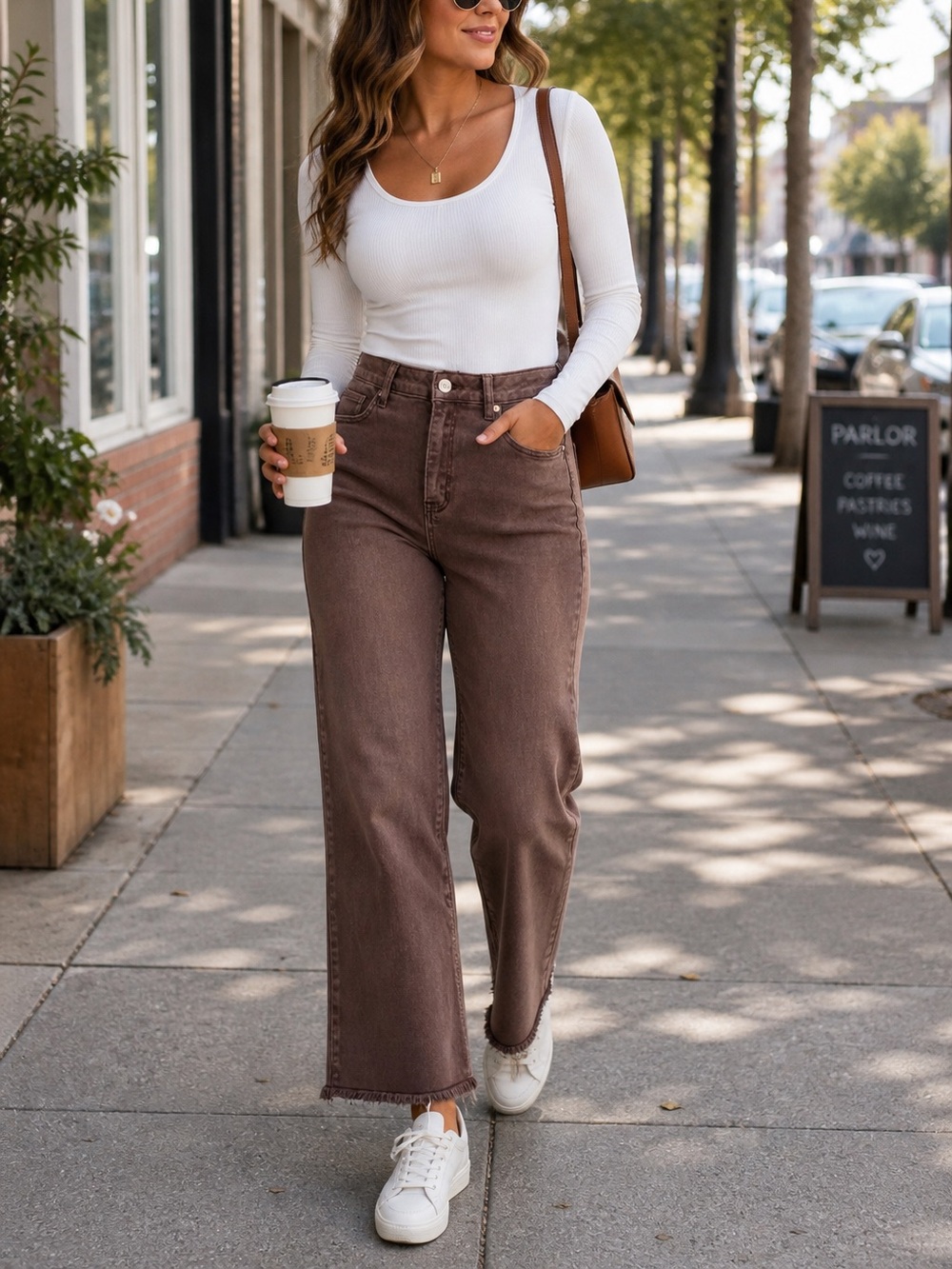 Zenana Brown High Rise Wide Leg Raw Hem Jeans Size L